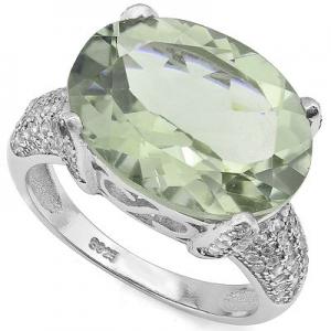 CHARMING ! WOMENS 14K WHITE GOLD OVER SOLID STERLING SILVER 2/3 CT CREATED WHITE SAPPHIRE & 7.80 CT GREEN AMETHYST RING