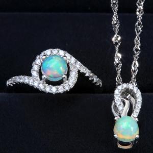 NEW!! GENUINE ETHIOPIAN OPAL & CREATED WHITE SAPPHIRE RING & PENDANT 925 STERLING SILVER SET