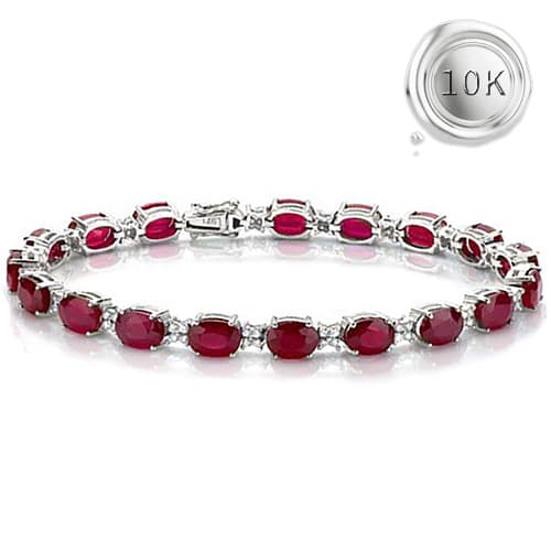 17.87 CT LAB GROWN RUBY & GENUINE DIAMOND 10K WHITE SOLID GOLD BRACELET