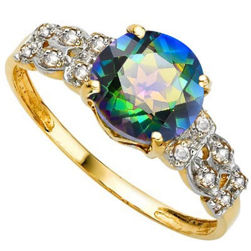 2.09 CT MYSTIC TOPAZ & GENUINE DIAMOND 10K YELLOW SOLID GOLD RING