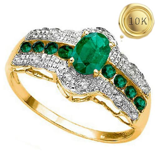 1.28 CT LAB GROWN EMERALD & GENUINE DIAMOND 10K YELLOW SOLID GOLD RING