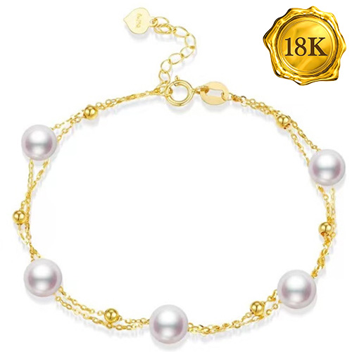 7 INCHES AU750 18K SOLID GOLD FRESHWATER PEARLS CABLE CHAIN BRACELET