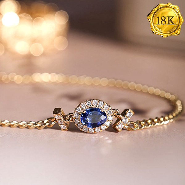 LUXURY COLLECTION ! 0.25 CT GENUINE SAPPHIRE & 0.10 CT GENUINE DIAMOND 18KT SOLID GOLD BRACELET