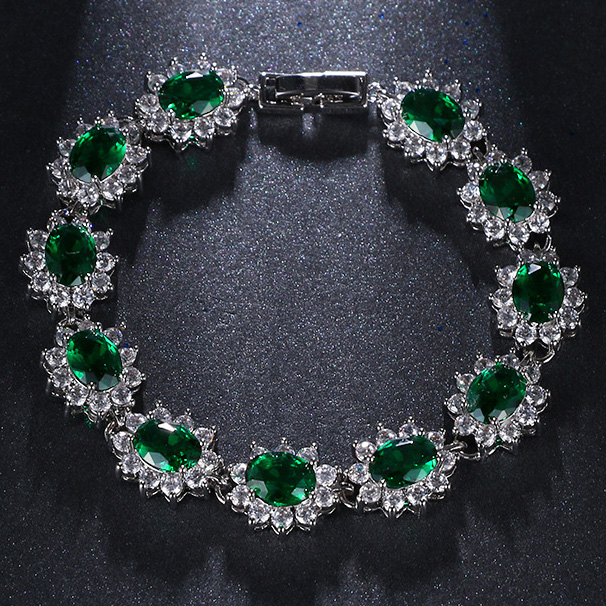 NEW! SPARKLING CREATED EMERALD & WHITE SAPPHIRE 18K WHITE GOLD PLATED GERMAN SILVER BRACELET