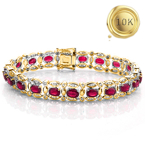 LUXURIANT ! 12.00 CT LAB GROWN MOZAMBIQUE RUBY & 1.20 CT GENUINE DIAMOND 10KT SOLID GOLD BRACELET