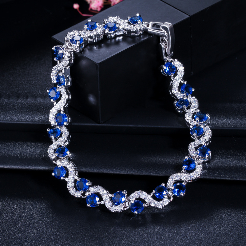 NEW! SPARKLING CREATED SAPPHIRE 18K WHITE GOLD PLATED GERMAN SILVER BRACELET