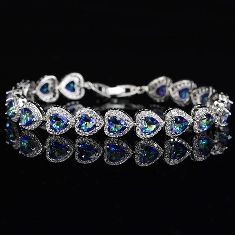 NEW! SPARKLING CREATED BLUE MYSTIC TOPAZ 18K WHITE GOLD PLATED GERMAN SILVER BRACELET