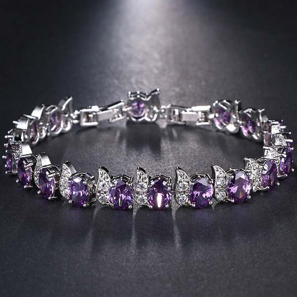 NEW! SPARKLING CREATED AMETHYST & WHITE SAPPHIRE 18K WHITE GOLD PLATED GERMAN SILVER BRACELET