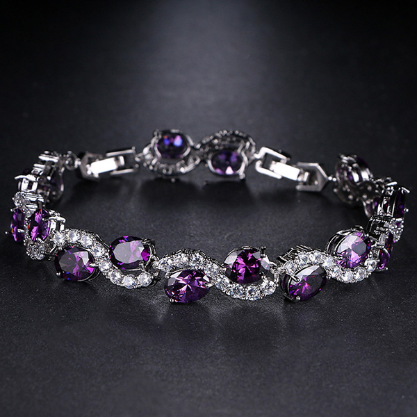 NEW! SPARKLING CREATED AMETHYST & WHITE SAPPHIRE 18K WHITE GOLD PLATED GERMAN SILVER BRACELET