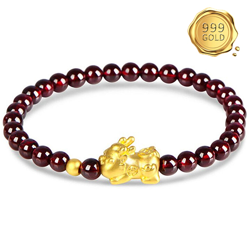 AWESOME ! 999 PURE GOLD GOOD LUCK PIXIU WITH GARNET BEADS 24KT SOLID GOLD BRACELET