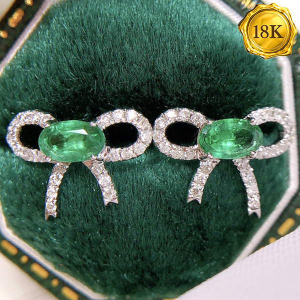 LUXURY COLLECTION ! 0.36 CT GENUINE EMERALD & 46PCS GENUINE DIAMOND 18KT SOLID GOLD EARRINGS