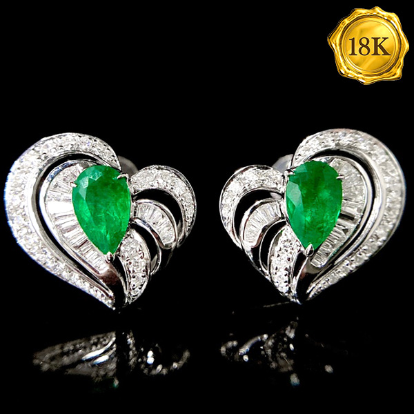 LUXURY COLLECTION ! 0.75 CT GENUINE EMERALD & 0.48 CT GENUINE DIAMOND 18KT SOLID GOLD EARRINGS