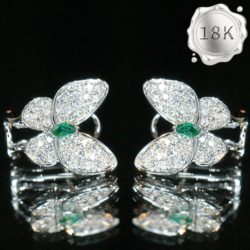 LUXURY COLLECTION ! 0.18 CT GENUINE EMERALD & 0.88 CT GENUINE DIAMOND 18KT SOLID GOLD EARRINGS