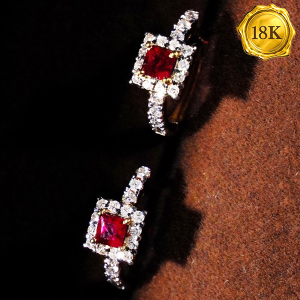 LUXURY COLLECTION ! 0.34 CT GENUINE RUBY & 0.28 CT GENUINE DIAMOND 18KT SOLID GOLD EARRINGS