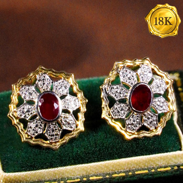 LUXURY COLLECTION ! 0.56 CT GENUINE RUBY & 0.15 CT GENUINE DIAMOND 18KT SOLID GOLD EARRINGS