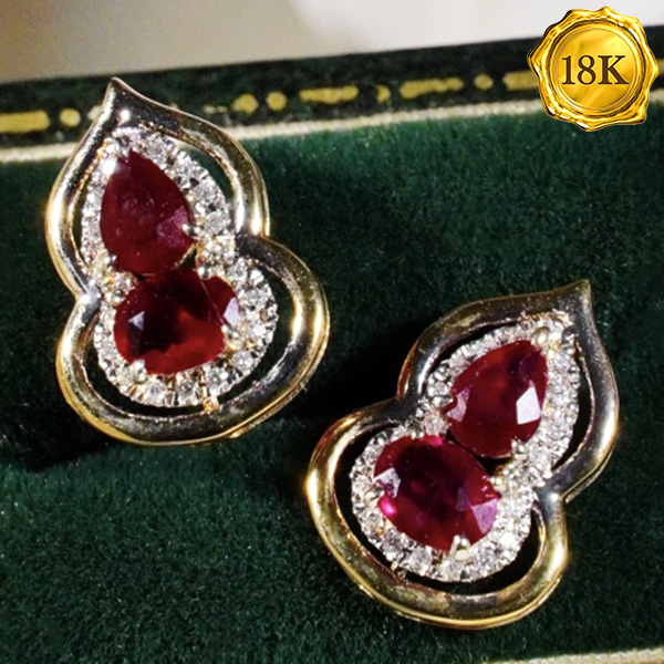 LUXURY COLLECTION ! 0.80 CT GENUINE RUBY & 0.10 CT GENUINE DIAMOND 18KT SOLID GOLD EARRINGS