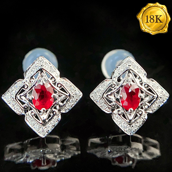 LUXURY COLLECTION ! 0.34 CT GENUINE RUBY & 0.11 CT GENUINE DIAMOND 18KT SOLID GOLD EARRINGS