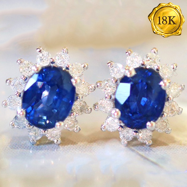 LUXURY COLLECTION ! (CERTIFICATE REPORT) 1.00 CT GENUINE SRI LANKA SAPPHIRE & 0.25 CT GENUINE DIAMOND 18KT SOLID GOLD EARRINGS