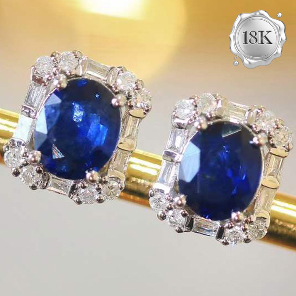 LUXURY COLLECTION ! (CERTIFICATE REPORT) 1.50 CT GENUINE SRI LANKA SAPPHIRE & 0.19 CT GENUINE DIAMOND 18KT SOLID GOLD EARRINGS