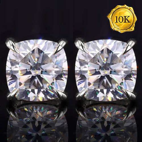 (CERTIFICATE REPORT) 2.00 CT DIAMOND MOISSANITE (CUSHION CUT/VVS) 10KT SOLID GOLD EARRINGS STUD