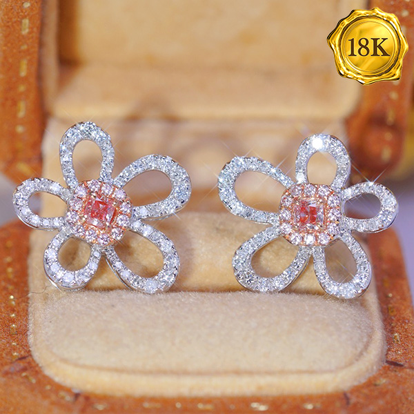 LUXURY COLLECTION ! (CERTIFICATE REPORT) 0.80 CTW GENUINE PINK DIAMOND & GENUINE DIAMOND 18KT SOLID GOLD EARRINGS
