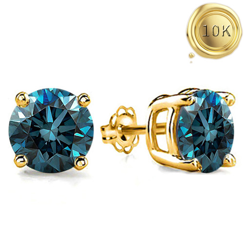 MARVELOUS ! 1/5 CT GENUINE BLUE DIAMOND 10KT SOLID GOLD EARRINGS STUD