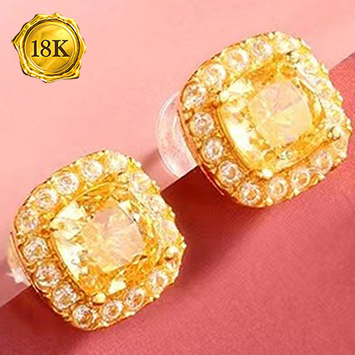 1.50 CT CREATED YELLOW DIAMOND & 32PCS CREATED WHITE SAPPHIRE 3D 18KT SOLID GOLD HOLLOW EARRINGS