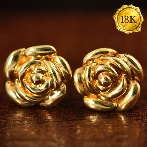 ADORABLE ! 18KT SOLID GOLD ROSE HOLLOW EARRINGS STUD
