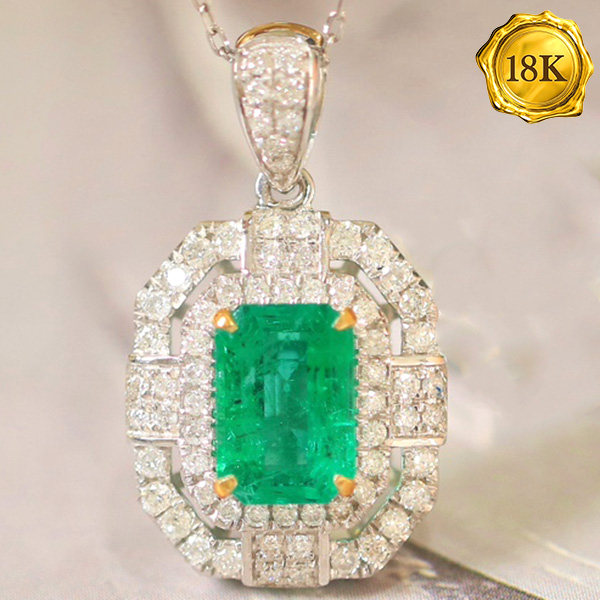 LUXURY COLLECTION ! (CERTIFICATE REPORT) 1.00 CT GENUINE EMERALD & 0.41 CT GENUINE DIAMOND 18KT SOLID GOLD NECKLACE