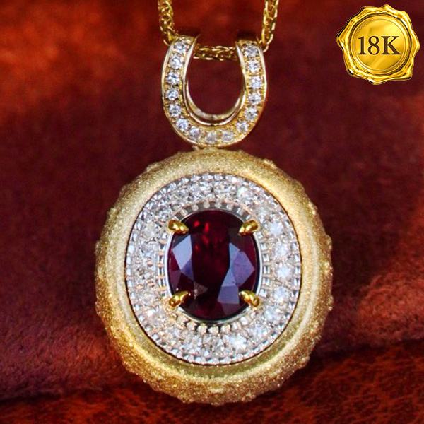LUXURY COLLECTION ! 0.65 CT GENUINE RUBY & 0.10 CT GENUINE DIAMOND 18KT SOLID GOLD NECKLACE