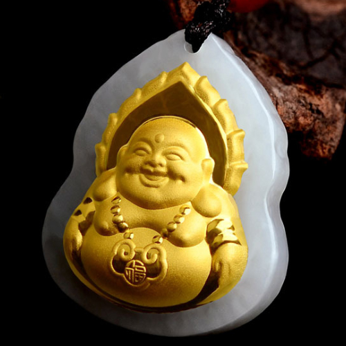 ANTIQUE BLESSING & PROTECTION 24K SOLID YELLOW GOLD 18*23MM BUDDHA JADE PENDANT WITH NECKLACE 24K YELLOW GOLD PLATED NECKLACE