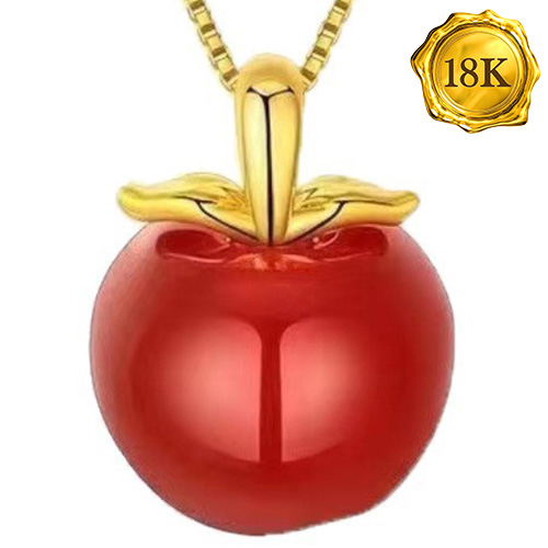 IDEAL ! RED AGATE 3D 18KT SOLID GOLD APPLE HOLLOW PENDANT