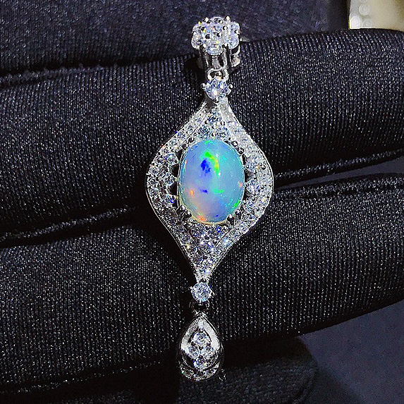 Genuine Ethiopian Opal and Lab Diamond Silver Slide Pendant Necklace main image 1