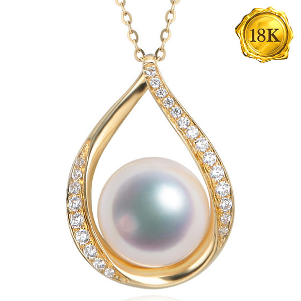 EXCLUSIVE VS CLARITY ! RARE 8MM SAKURA PINK JAPAN AKOYA PEARL & 23PCS GENUINE DIAMONDS 18KT SOLID GOLD PENDANT