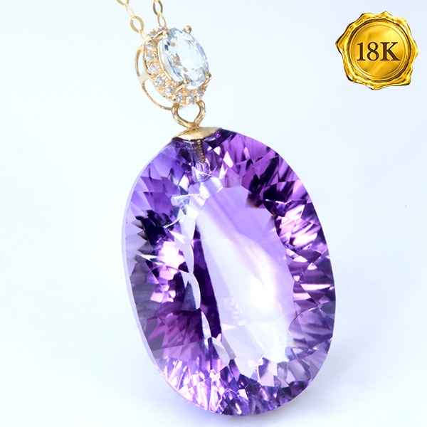 EXCLUSIVE ! 13.00 CT RARE 13X18MM MILLENNIUM CUT AMETHYST & GENUINE DIAMONDS 18KT SOLID GOLD PENDANT