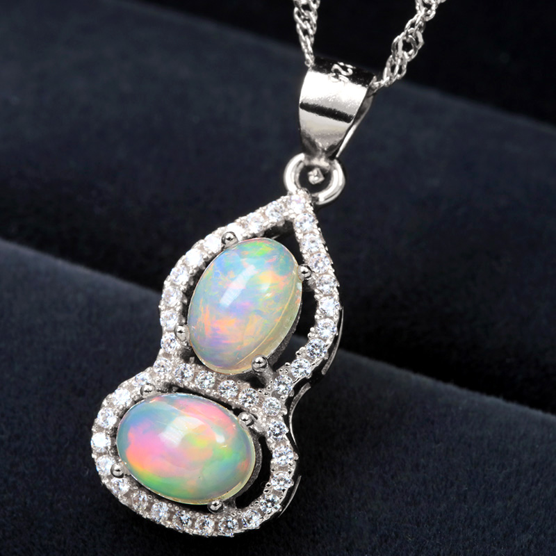 NEW! 1.20 CT GENUINE ETHIOPIAN OPAL & CREATED WHITE SAPPHIRE 925 STERLING SILVER PENDANT