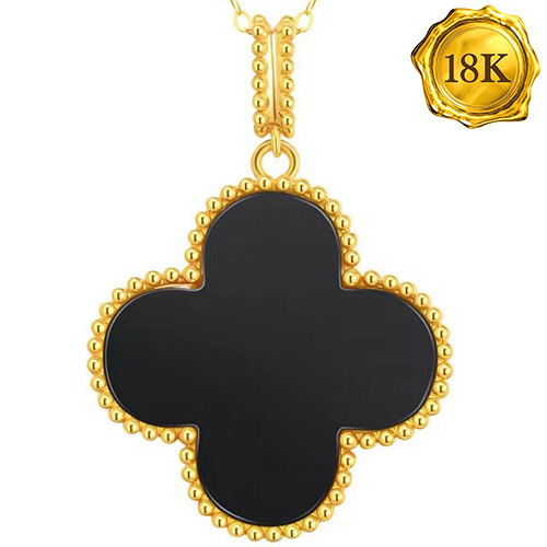AWESOME ! ONYX LUCKY CLOVER 18KT SOLID GOLD PENDANT