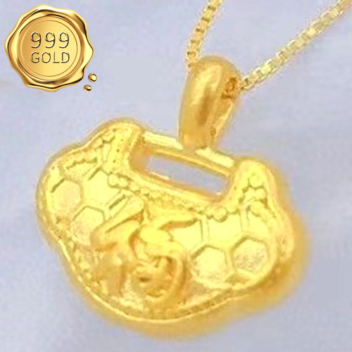 AWESOME ! HOLLOW LONGEVAL LOCK 24KT SOLID GOLD PENDANT
