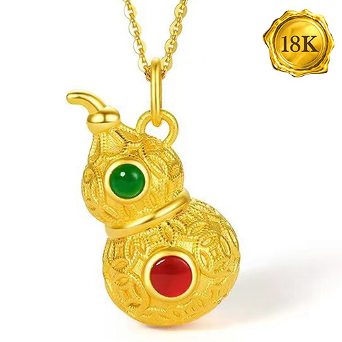 LUXURIANT ! TRADITIONAL ASIA GREEN & RED AGATE 3D 18KT SOLID GOLD GOURD HOLLOW PENDANT