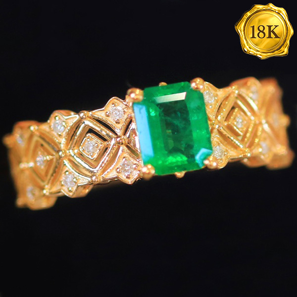 LUXURY COLLECTION ! (CERTIFICATE REPORT) 0.90 CT GENUINE EMERALD & 0.11 CT GENUINE DIAMOND 18KT SOLID GOLD RING