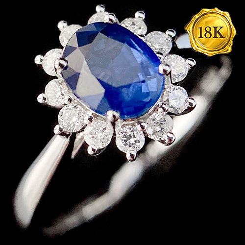 LUXURY COLLECTION ! 0.95 CT GENUINE SAPPHIRE & 0.22 CT GENUINE DIAMOND 18KT SOLID GOLD RING