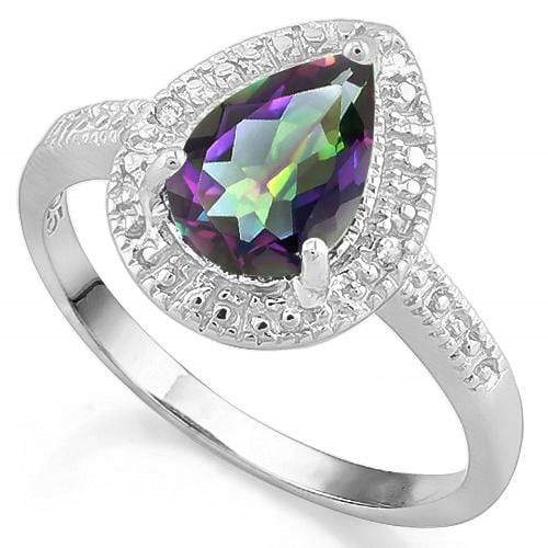 MARVELOUS ! WOMENS 14K WHITE GOLD OVER SOLID STERLING SILVER DIAMONDS & 1.19 CT MYSTIC GEMSTONE RING