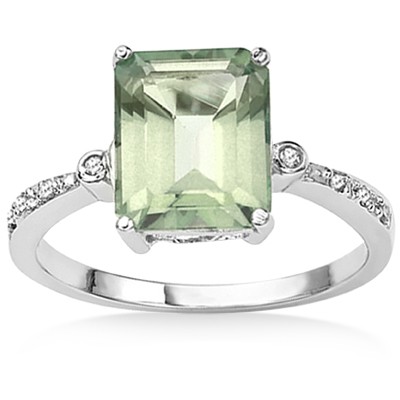 LOVELY ! WOMENS 14K WHITE GOLD OVER SOLID STERLING SILVER DIAMONDS & 3.18 CT GREEN AMETHYST RING
