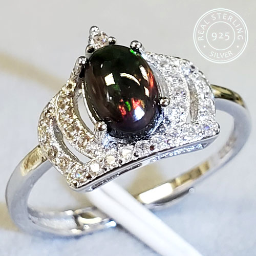 NEW! GENUINE ETHIOPIAN BLACK OPAL & CREATED WHITE TOPAZ 0.50 CT GENUINE BLACK ETHIOPIAN OPAL 925 STERLING SILVER RING