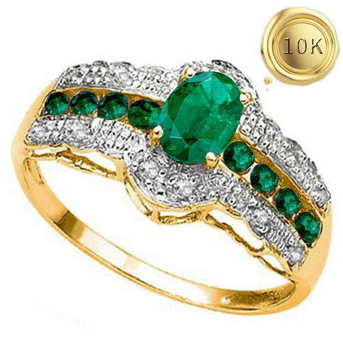 SPECTACULAR ! 3/4 CT LAB GROWN ZAMBIAN EMERALD & GENUINE DIAMOND 10KT SOLID GOLD RING