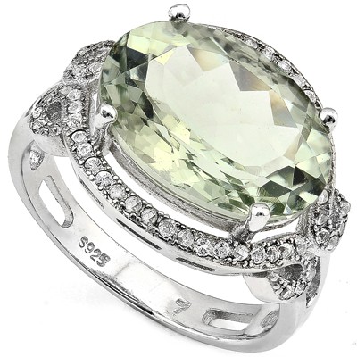 BEAUTIFUL ! WOMENS 14K WHITE GOLD OVER SOLID STERLING SILVER 1/4 CT CREATED WHITE SAPPHIRE & 5.22 CT GREEN AMETHYST RING