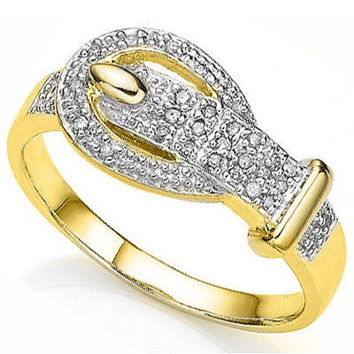 PRICELESS ! WOMENS 14K YELLOW GOLD OVER SOLID STERLING SILVER 1/5 CT DIAMONDS BUCKLE RING