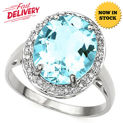 ELITE ! 14K WHITE GOLD OVER SOLID STERLING SILVER DIAMONDS & 6.13 CT BABY SWISS BLUE TOPAZ LADIES RING