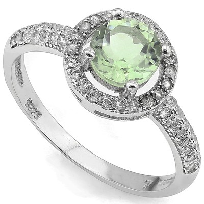AWESOME ! 14K WHITE GOLD OVER SOLID STERLING SILVER 1/4 CT CREATED WHITE SAPPHIRE & 3/4 CT GREEN AMETHYST RING