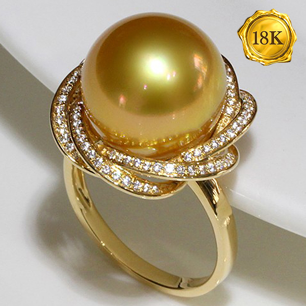 BEAUTEOUS ! RARE 11MM GOLDEN SOUTH SEA PEARL & 1/3 CT DIAMOND MOISSANITE (VS) 18KT SOLID GOLD RING